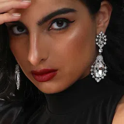 DressBerry Silver-Plated Artficial Stones Studded Contemporary Shaped Drop Earrings-image-49