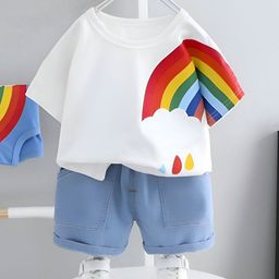 Googo Gaaga Boys Rainbow Printed Round Neck Pure Cotton T-shirt With Shorts-19