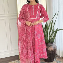 KALINI Floral Embroidered Round Neck A-Line Kurta With Trousers And Dupatta-picture-47