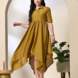 DECKEDUP Women's Shirt Collar Short Sleeves Asymmetric Hemline Shirt Midi Dress-image-50