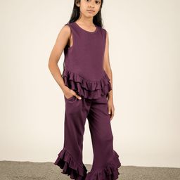 BE AWARA Girls Ruffled Pure Cotton Trim Tank Top With Trousers-image-89