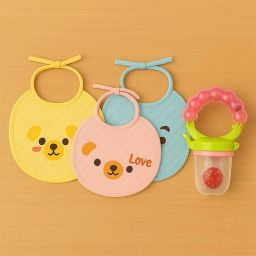 Baby Bibs Set of 3 with Silicone Fruit Feeder Soft Washable Knot Bibs + Nibbler-image-92