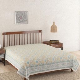 Fabindia Ihania Beige & Blue Floral Printed Cotton King Bed Cover-image-44