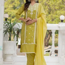 Vastukala Women Embroidered Regular Thread Work Chanderi Silk Kurta with Trousers & With Dupatta-17