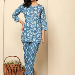 Rouhab Floral Printed Cotton Top With Trousers Co-Ords-picture-51