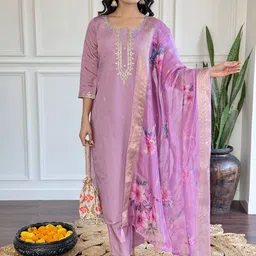 Ekta Textiles Floral Embroidered Sequinned Chanderi Silk Kurta With Trousers & Dupatta-8