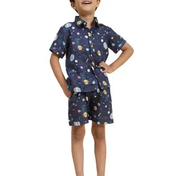 Funny Bones Clothings Boys Printed Shirt Collar Short Sleeves Linen Shirt & Shorts-image-80