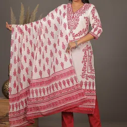 AAYUFAB Floral Printed V-Neck Pure Cotton Straight Kurta With Trousers & Dupatta-26