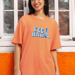 JUNEBERRY Women Typography Printed Round Neck Pure Cotton Oversized T-shirt-image-97