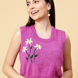 Velvery Women Floral Sweater Vest with Applique Detail-image-82