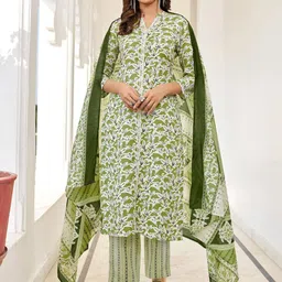 Moda Rapido Women Floral Printed Regular Thread Work Kurta with Trousers & With Dupatta-image-86