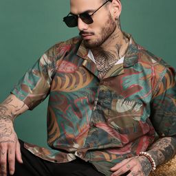 Sangria Large Leaf Printed Spread Collar Short Sleeve Shirt-image-2
