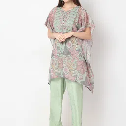 Ethnicity Floral Printed Thread Work Kaftan Kurta with Trousers and Camisole image 2