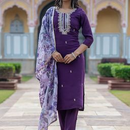 Anouk Floral Yoke Design Sequinned Chanderi Silk Straight Kurta With Trousers & Dupatta-14