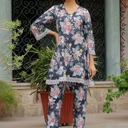 VAASVA JAIPUR Floral Printed V-Neck Flared Sleeves Pure Cotton Casual Tunic & Trousers-picture-15