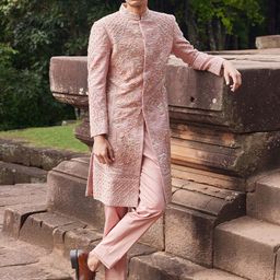 sahil kochhar Men Embroidered Band Collar Sherwani Set-image-11