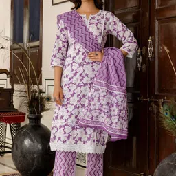 Anouk Floral Printed Notch Neck Pannelled Pure Cotton Kurta With Palazzos & Dupatta-image-85