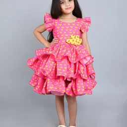 Pink Chick Print Flutter Sleeve Fit & Flare Dress-image-78