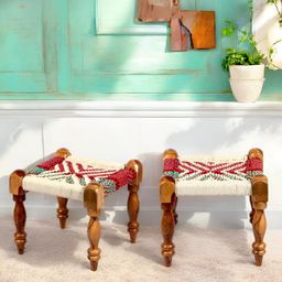 Ikiriya Set of 2 Sheesham Wood Vintage Maachi Stools with Rope Canning-28