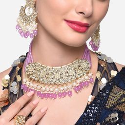 Zaveri Pearls Gold-Plated Kundan Studded & Beaded Necklace & Earrings With Finger Ring-7