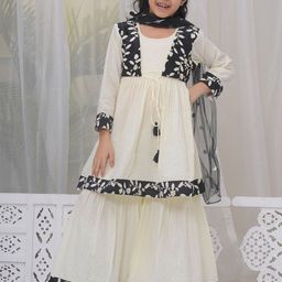 Little Bansi Girls Floral Embroidered Pure Cotton Kurta With Sharara & Dupatta-image-71