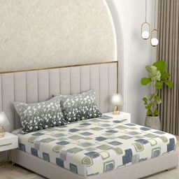 Pure Decor Grey & Off White Geometric 210 TC Queen Bedsheet with 2 Pillow Covers-image-49