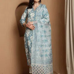 BANDIA Women Floral Printed Regular Sequinned Pure Cotton Kurta with Trousers & Dupatta-picture-12
