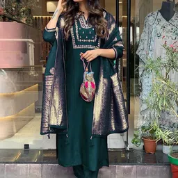 Moda Rapido Women Ethnic Motifs Embroidered Regular Sequinned Raw Silk Kurta with Trousers & With Dupatta-image-10