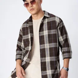 The Souled Store Mocha Tartan Checked Cotton Linen Casual Shirt-picture-28
