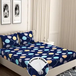 bsb home Navy Blue & Yellow Floral 210 TC Queen Bedsheet with 2 Pillow Covers-76