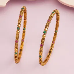 Kushal's Fashion Jewellery Set Of 2 Ruby-Green Gold-Plated Ethnic Antique Bangles-45
