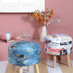 Shadowkart Set Of 2 Blue & Brown Graphic Printed Wooden Round Shaped Ottomans-2