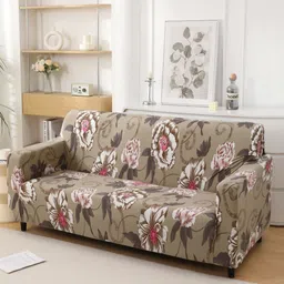 HOKIPO Brown & White Printed Polyester 1 Piece Sofa Cover With Arms-image-42
