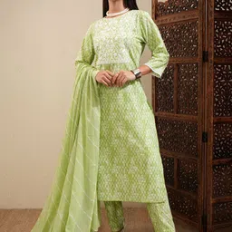 Vishudh Women Floral Printed Regular Pure Cotton Kurta with Trousers & With Dupatta-image-5