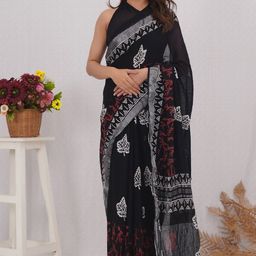 Vanedik Floral Zari Linen Blend Block Print Saree-picture-7
