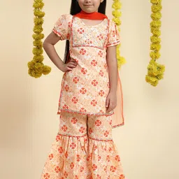 Cutiekins Girls Floral Printed Regular Gotta Patti Pure Cotton Kurta with Sharara & With Dupatta-image-65