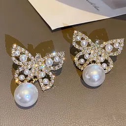 DIVASTRI Gold-Plated American Diamond Studded & Beaded Korean Quirky Shaped Drop Earrings-21