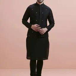 KISAH Men Black Cut dana Kurta Jacket Churidar Set-image-50