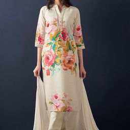 Indo Era Women Floral Printed Linen Kurta with Trouser & Dupatta-image-30