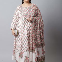 KALINI Floral Printed Pure Cotton Anarkali Kurta With Trousers & Dupatta-image-19