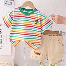 POP STREET KIDS Boys Striped Round Neck T-shirt With Shorts-image-86