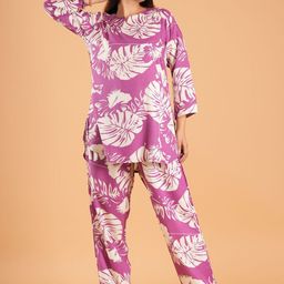 Based Leaf Printed Pure Cotton Tunic With Trouser Co-Ords-65