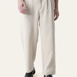 PERCH Men Relaxed Cream Solid Pleated Korean Pants-picture-4
