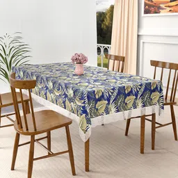 Kuber Industries Blue & Brown Floral Waterproof 4-Seater Rectangle Table Cover-33