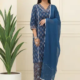 BAESD Floral Printed V-Neck Pure Cotton Straight Kurta With Trousers And Dupatta-picture-53