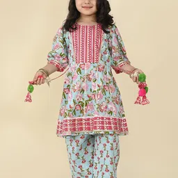 LIL PITAARA Girls Floral Printed Regular Gotta Patti Pure Cotton Kurta with Palazzos-picture-27