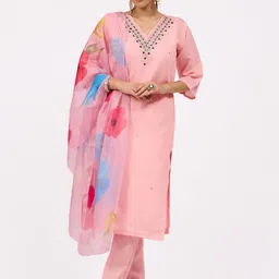 dhartii Floral Yoke Design V-Neck Thread Work Straight Kurta With Trousers & Dupatta-29