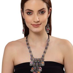 Shining Diva Oxidised Silver-Plated Pink & Orange Stone Studded Jewellery Set-image-86