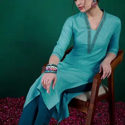 Sangria Woven Design Embroidered Straight Kurta & Trousers-image-21