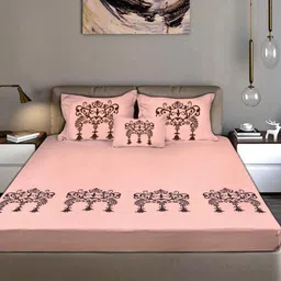 Bodycomfy Pink & Black Printed King Fitted Cotton 400 TC King Bedsheet Set 1.98 m x 1.82 m-image-31